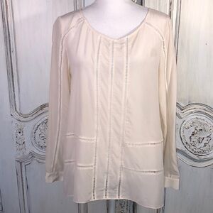 Club Monaco 100% Silk Cut Out Lace Trimmed Long Sleeve Pullover Blouse Size M